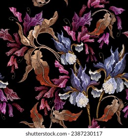 Blue irises and violet hyacinths and white apple flowers. Seamless pattern. Embroidery style. Fashion template for design of clothes, tapestry. Spring garden art