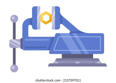 blue iron vise. master equipment. the nut is clamped in a vise. flat vector illustration.