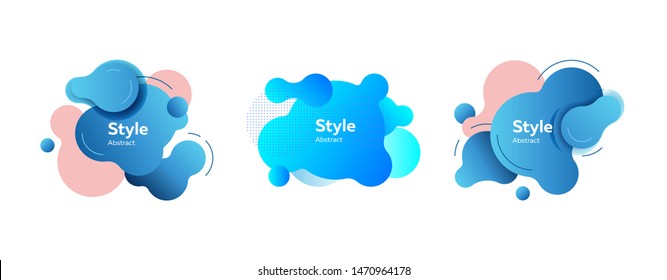 Blue irregular abstract element set. Modern dynamic colorful shapes and lines with sample text. Trendy minimal templates for presentations, flyers, apps and websites. Vector illustration