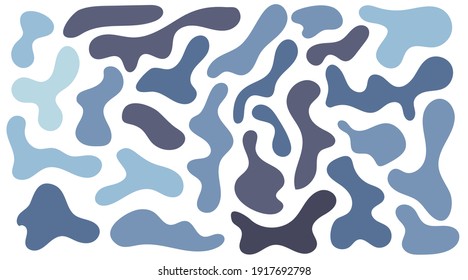 Blue irregular blob, set of abstract organic shapes. Abstract irregular random blobs. Simple liquid amorphous splodge. Trendy minimal designs for presentations, banners, posters and flyers