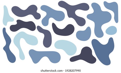 Blue irregular blob, set of abstract organic shapes. Abstract irregular random blobs. Simple liquid amorphous splodge. Trendy minimal designs for presentations, banners, posters and flyers.