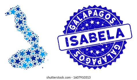 Blue Isabela Island of Galapagos map mosaic of stars, and textured rounded seal. Abstract geographic plan in blue color tones. Vector Isabela Island of Galapagos map is constructed of blue stars.