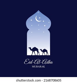 blue Islamic background design with camel decoration, crescent moon, stars. suitable for the design of Eid al-Adha, Hajj, Eid al-Fitr, Ramadan, and other Islamic celebrations. islamic vectors. islamic