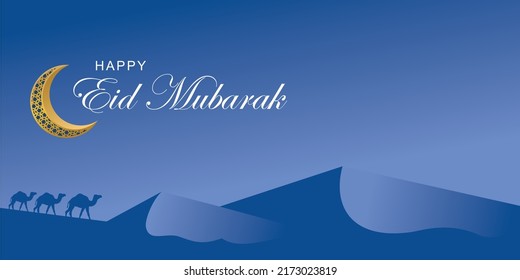 blue islamic background design with crescent moon, camel, desert ornament. suitable for the design of Eid al-Adha, Hajj, Eid al-Fitr, Ramadan, Muharram, Islamic celebrations. eid mubarak