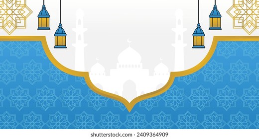 Blue Islamic background, with lantern ornament, mandala and mosque silhouette. vector template for banner, greeting card for Islamic holidays, eid al-fitr, ramadan, eid al-adha