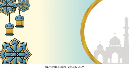 fondo islámico azul, adorno de linterna, mandala y silueta de mezquita. área de espacio de copia libre. plantilla vectorial para banner, tarjeta de saludo para festividades islámicas, eid al-fitr, ramadan, eid al-adha