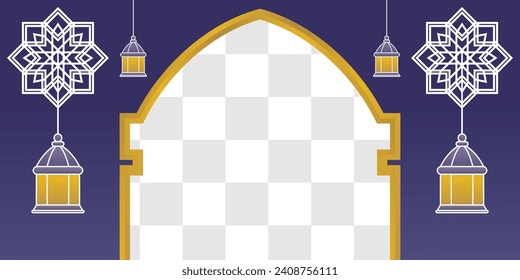 Fondo islámico azul, con ornamentos de linterna, mandala y espacio libre de copias. plantilla vectorial para banner, tarjeta de saludo para festividades islámicas, eid al-fitr, ramadan, eid al-adha