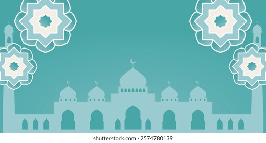 Blue Islamic background with Mandala ornament and Mosque silhouette. Free copyspace area design