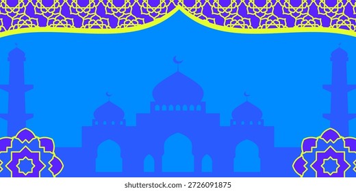 Blauer islamischer Hintergrund mit Moschee Silhouette und Mandala. Kostenloses Copyspace-Design. Geeignet für Bannervorlagen, Poster und Grußkarten.