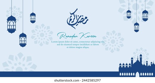 Blue Islamic Background with a Text Calligraphy that says Ramadan Kareem