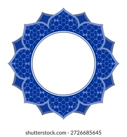 Borde arabesco geométrico del Vector circular islámico azul del marco para el diseño de Ramadán Eid Mubarak aislado en estilo plano del fondo blanco para el cartel o las invitaciones de las tarjetas de felicitación de las redes sociales.