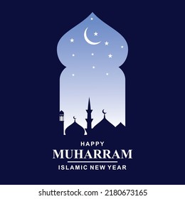 Blue Islamic design shaped Hijri muharram background and Islamic new year greeting card template with islamic frame, crescent moon and mosque decoration