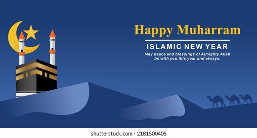 Blue Islamic design shaped Hijri muharram background and Islamic new year greeting card template with kaaba and camel decoration.