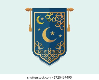 Anuncio de Vector colgante islámico azul con luna creciente dorada y motivo de estrella geométrica. Elegante bandera de ramadán con adorno oriental tradicional y marco de oro sobre fondo claro.