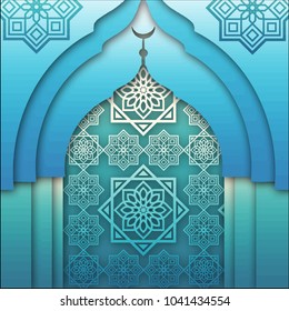 blue islamic mosque paper cutting art style for greeting card banner background