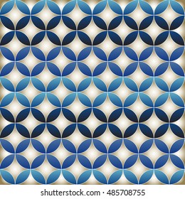 Blue islamic pattern. Intersecting circles. Enamel effect geometric ornament. Vintage tile.Mosaic background.