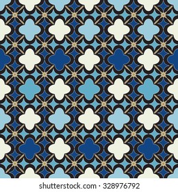 Blue islamic pattern. Oriental tartan texture. Geometric floral seamless pattern. Abstract background. Winter ornament. Vintage wallpaper.