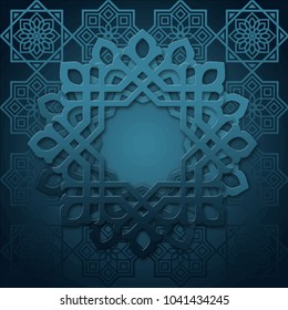blue islamic pattern paper cutting art style for greeting card banner background