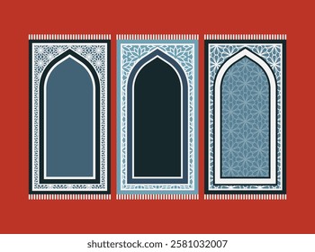 Blue Islamic prayer carpet vector design. Prayer mat pattern tiles. Rug design set
