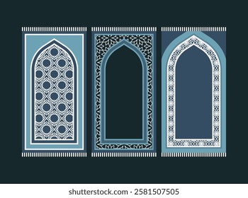 Blue Islamic prayer carpet vector design. Prayer mat pattern tiles. Rug design set