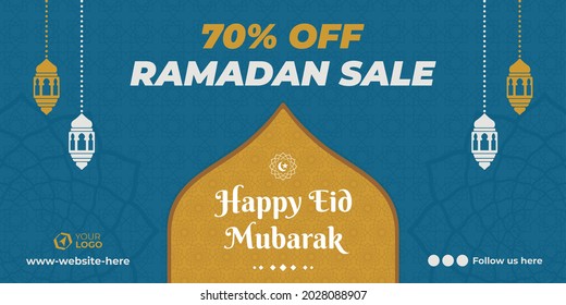 blue islamic sale banner with greeting for eid festival