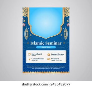 Blue Islamic Seminar und Webinar A4 Poster Flyer Design-Vorlage für Islamunterricht und Vortrag