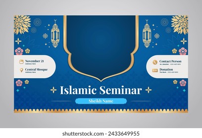 Blue Islamic Seminar and Webinar Banner Design Template for Islamic Teaching and Lecturing