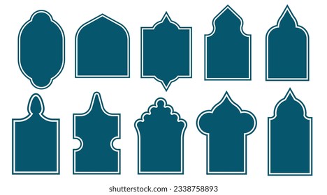 Blue Islamic turkish door and window silhouette, set of Arabic arch and frames