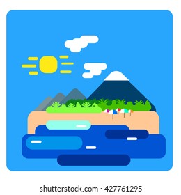 Blue island flat vector landscape, blue vector illustration of tropical island, blue flat island illustration, blue tropical summer image, holiday flat banner in blue colors, landscape with text place