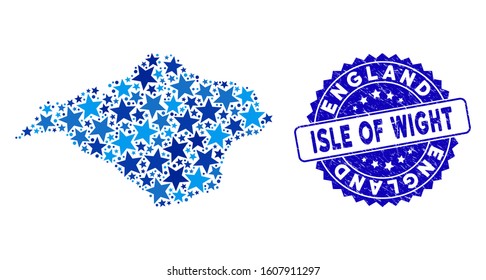 Blue Isle of Wight map mosaic of stars, and scratched rounded stamp seal. Abstract territorial scheme in blue shades. Vector Isle of Wight map is shaped of blue stars.