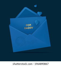 blue isolated envelope with postcard for dad and paper cut heart. Happy Father’s Day card. Vector realistic illustration