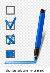 blue isolated marker highlighter pen with checklist, tick and underline. Vector marker exam pen
