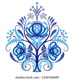 Blue isolated pattern with flowers, leaves and floral elements. Traditional classic ornament in style of cobalt painting on porcelain. Vintage pattern with arabesques. Vector illustration.