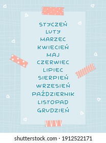 Blue isolated set of flat Months from January to December in Polish language, white shadow. Patterned background with pink washi tape and paper with lines and white hearts for calendar or planner