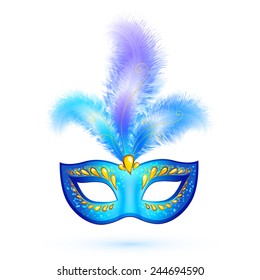 Blue isolated vector carnival mask with feathers