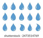 blue isolated water drops silhouettes and blob, droplet set icons