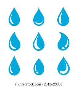 blue isolated water drops silhouettes and glossy droplet set icons on white