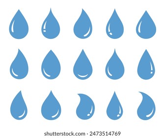 blue isolated water drops silhouettes and blob, droplet set icons