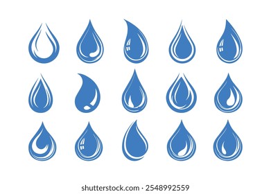 blue isolated water drops silhouettes and blob, droplet set icons