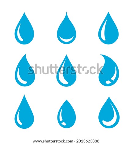 blue isolated water drops silhouettes and glossy droplet set icons on white
