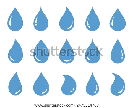 blue isolated water drops silhouettes and blob, droplet set icons