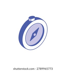 Blue isometric compass icon for navigation and direction. Minimalist isometric blue compass with a needle pointing north. Clean flat design on a white background. Ideal for travel websites, navigation apps, or business strategy icons.