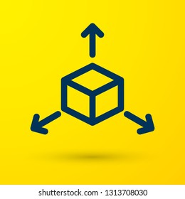 Blue Isometric cube icon isolated on yellow background. Geometric cubes solid icon. 3D square sign. Box symbol. Vector Illustration