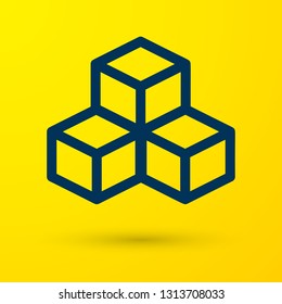 Blue Isometric cube icon isolated on yellow background. Geometric cubes solid icon. 3D square sign. Box symbol. Vector Illustration