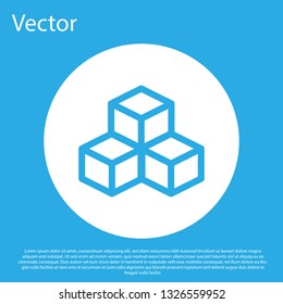 Blue Isometric cube icon isolated on blue background. Geometric cubes solid icon. 3D square sign. Box symbol. White circle button. Flat design. Vector Illustration