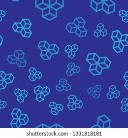 Blue Isometric cube icon isolated seamless pattern on blue background. Geometric cubes solid icon. 3D square sign. Box symbol. Vector Illustration