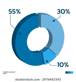 Blue Isometric Doughnut Chart with percentage, 3D Diagram in Flat style for Business static, Data presentation and Poll, Management illustration design.  