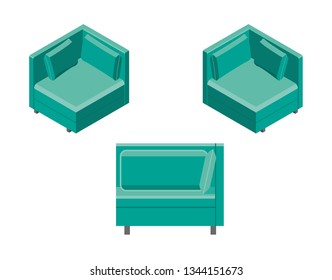Blue isometric geometric stylish sofa for home and office isolated on a white background. Couch flat illustration for advertising banner concept for furniture stores, for mobile applications or game