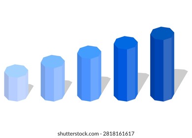Blue isometric growth bar chart with ascending columns in flat illustration style, perfect for business, finance, and marketing data analytics design graphic asset.