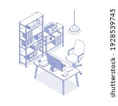 Blue isometric home office on white. Vector illustration in flat design, isolated. Outlined, linear style.